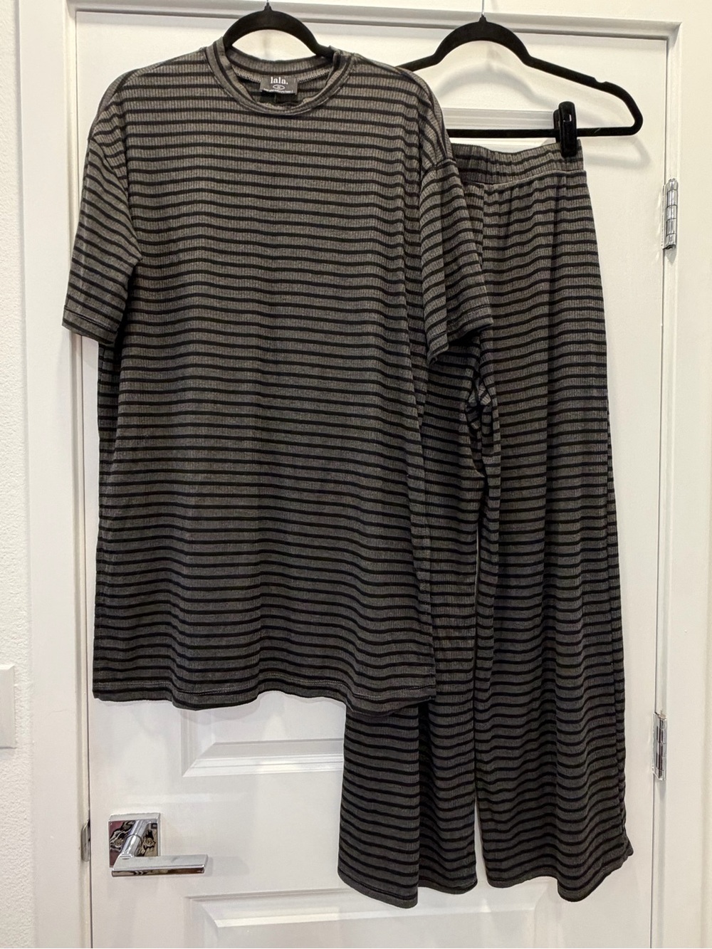 Dressed in LALA Black and Gray Striped Crewneck Set